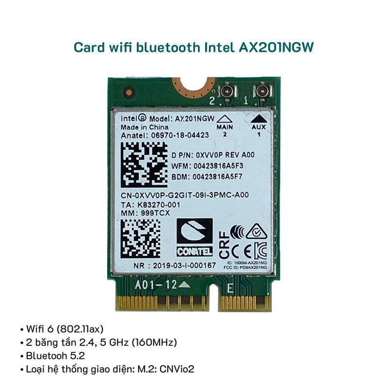 Card wifi bluetooth 2 băng tần AX201 NGW Wifi 6 Bluetooth 5.2