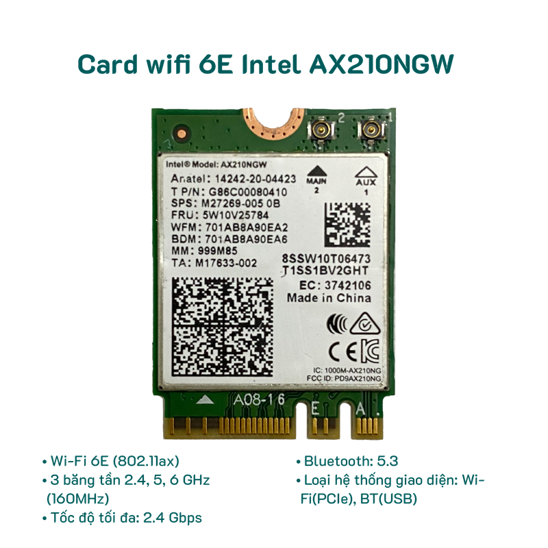 Card wifi bluetooth 3 băng tần Intel AX210 NGW Wifi 6E Bluetooth 5.3