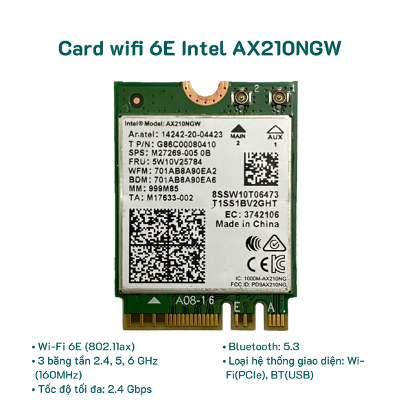 Card wifi bluetooth 3 băng tần Intel AX210 NGW Wifi 6E Bluetooth 5.3